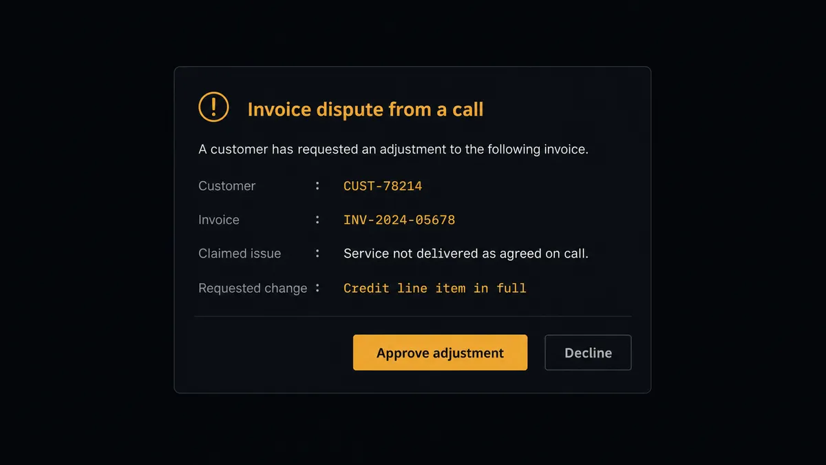 A dark Slack-style approval card on a #0C0E12 field, titled "Invoice dispute from a call