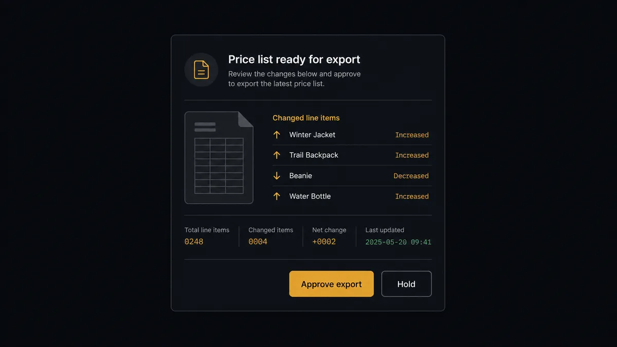 A dark Slack-style approval card on a #0C0E12 field titled "Price list ready for export"