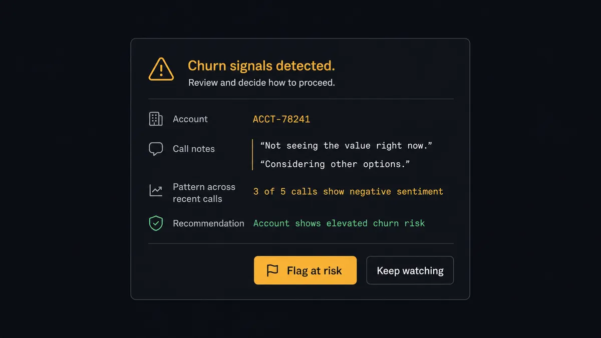 A dark Slack-style approval card on a #0C0E12 field, titled "Churn signals detected