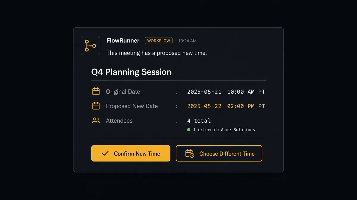 A dark Slack message card from FlowRunner, labeled with a workflow icon