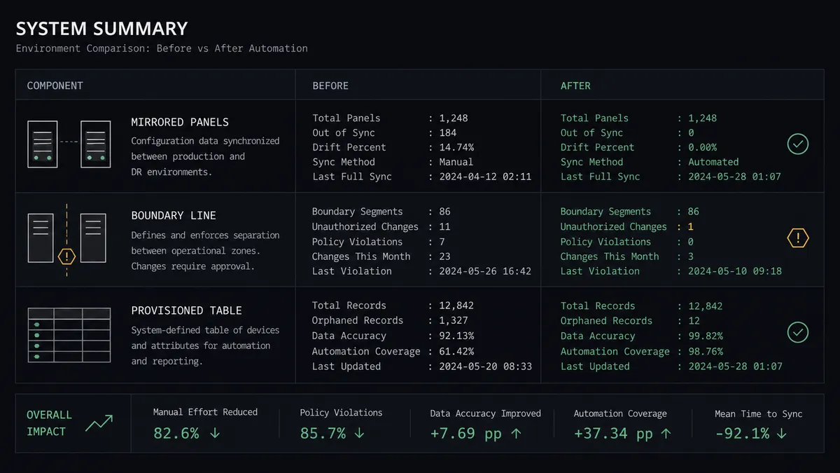 A dark summary panel on a #0C0E12 field with stacked rows comparing two columns labeled Before and After