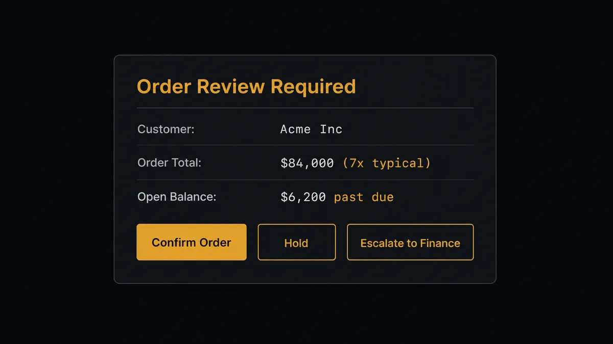 A dark Slack-style approval card on a dark background