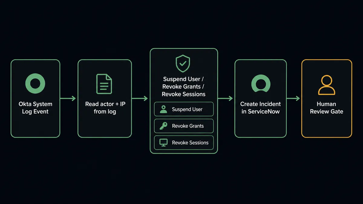 Dark UI flow diagram showing 5 connected steps labeled: "Okta System Log Event" leading to "Read actor + IP from log" leading to "Suspend User / Revoke Grants / Revoke Sessions" leading to "Create Incident in ServiceNow" leading to "Human Review Gate