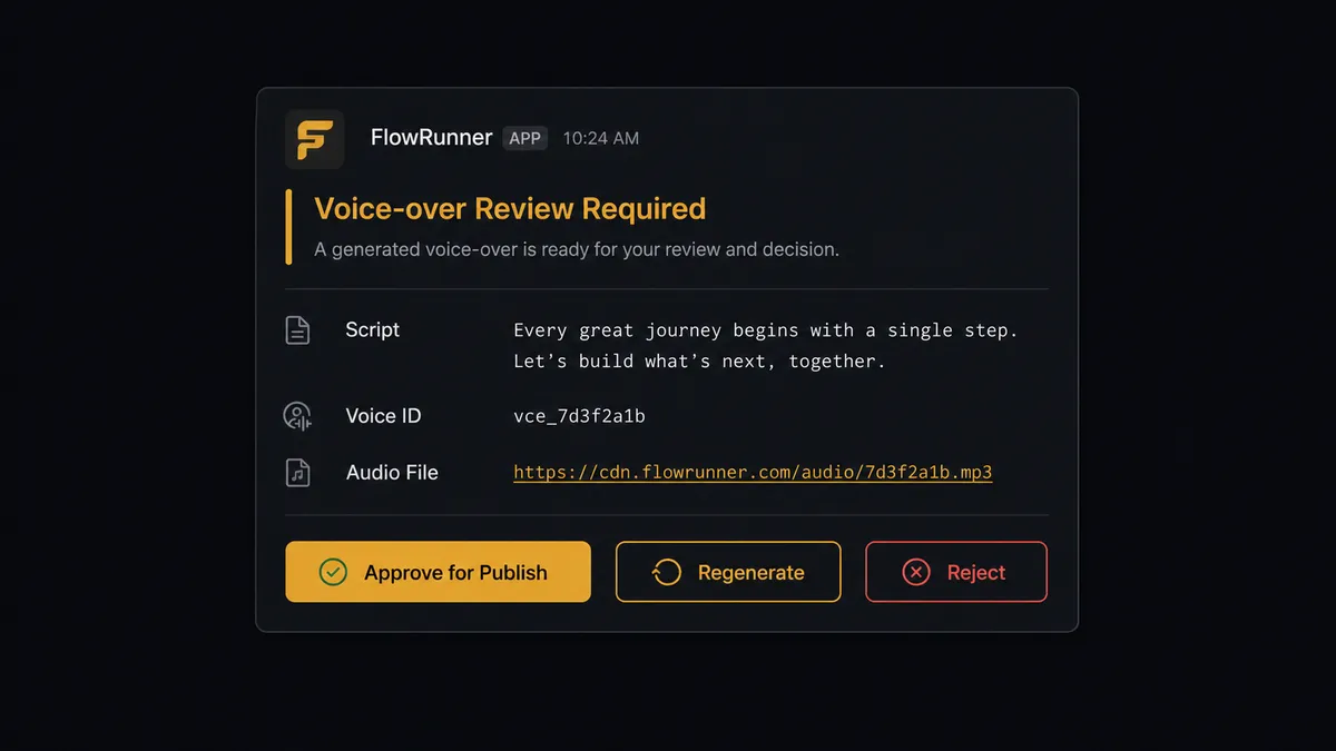 A dark Slack message card from FlowRunner