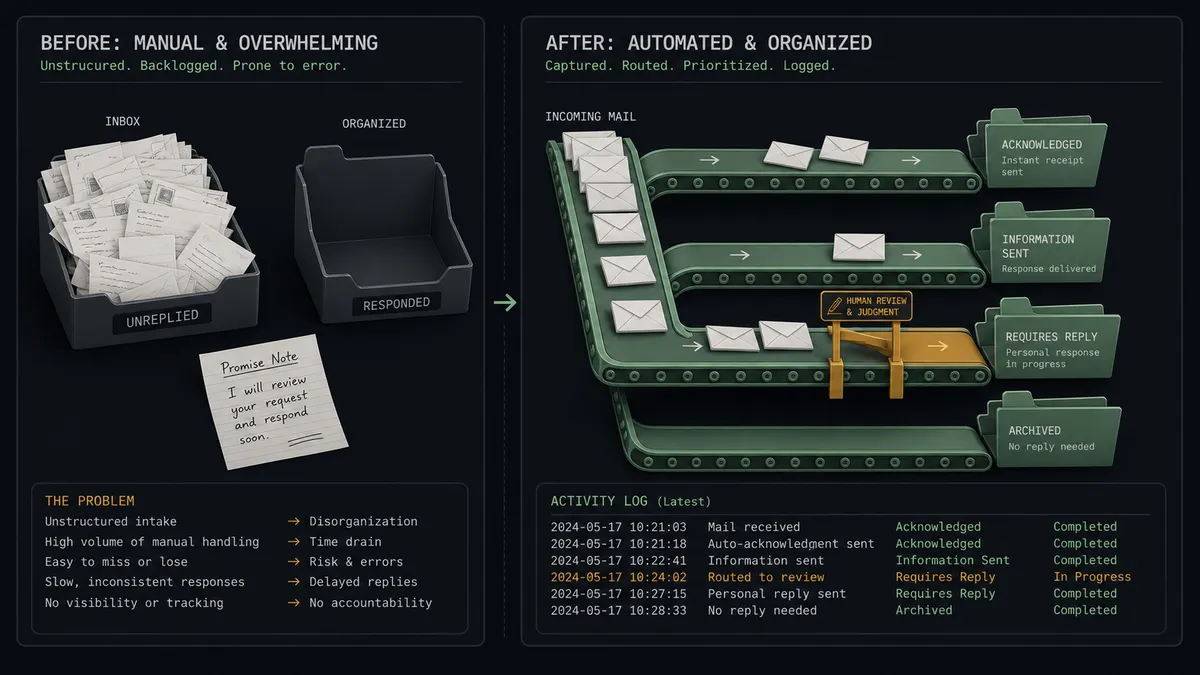 A dark before-and-after summary panel on a #0C0E12 field with two columns: the left shows an overflowing envelope tray beside an empty folder and a loose handwritten promise note; the right shows envelopes flowing along a sage-green conveyor into labeled folders with an amber writing desk gate on the reply lane and a tidy activity log strip beneath