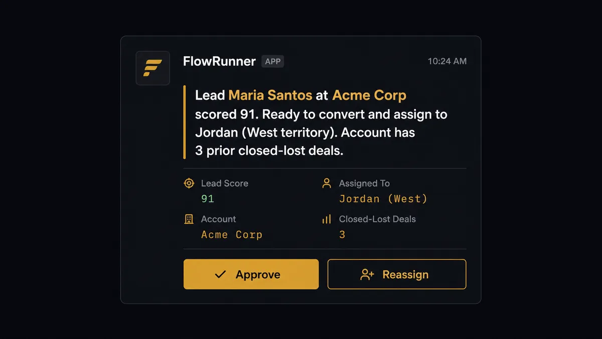 Dark Slack approval card showing an incoming FlowRunner notification: "Lead Maria Santos at Acme Corp scored 91