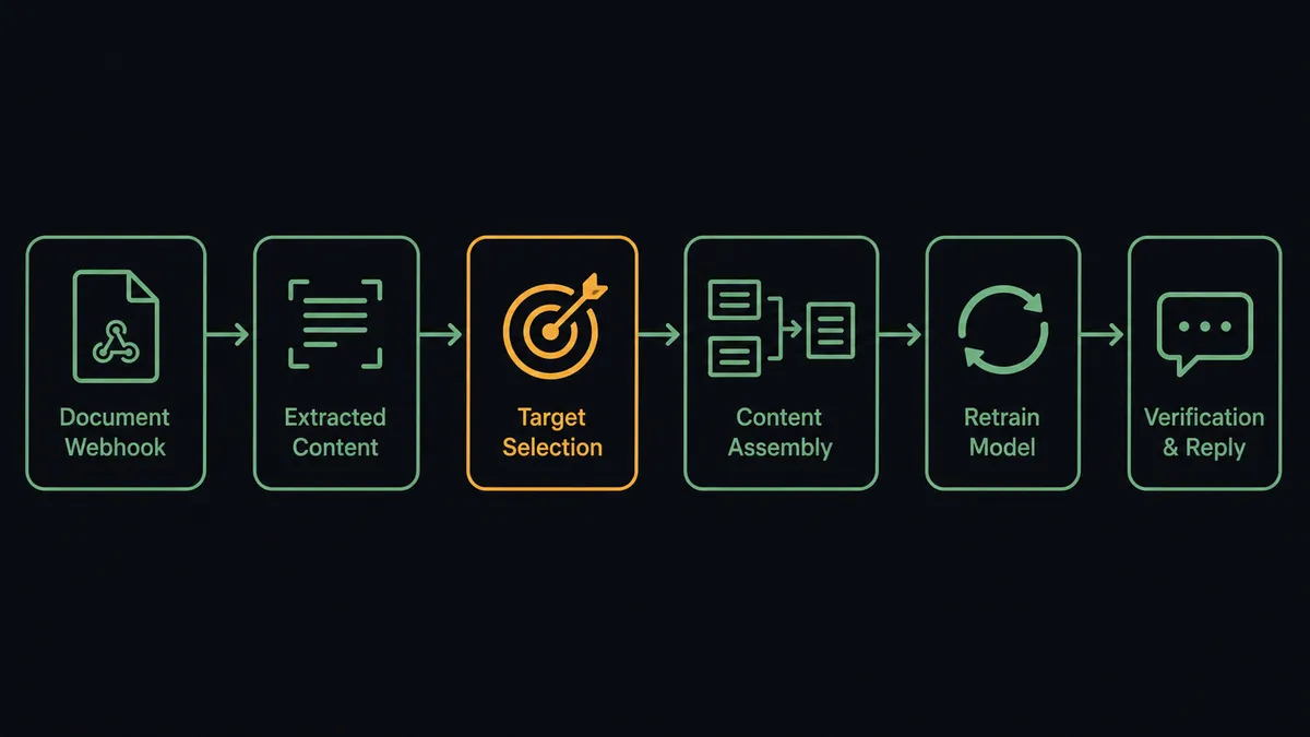 A dark horizontal flow diagram on a #0C0E12 field with six nodes: a document webhook node, an extracted-content node, a target-selection node, an assembly node showing text blocks merging, a retrain node with a circular refresh motif, and a verification node with a small chat reply motif