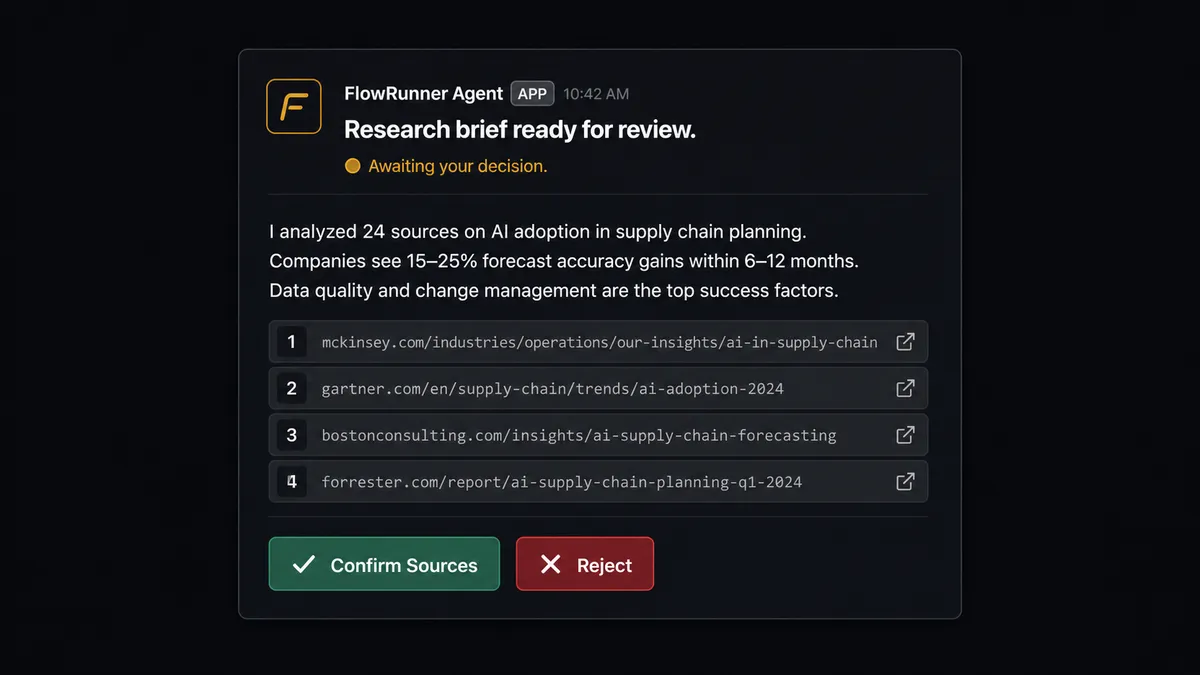 A dark Slack direct message card from "FlowRunner Agent" with the header "Research brief ready for review