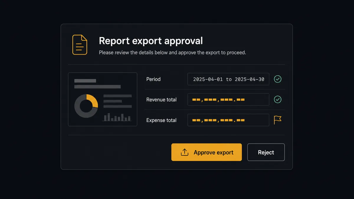 A dark Slack-style approval card on a #0C0E12 field titled "Report export approval"