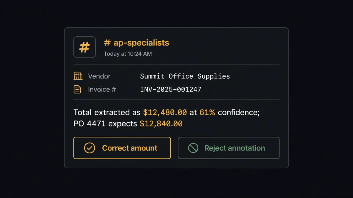 A dark Slack-style message card shows an AP specialist's channel