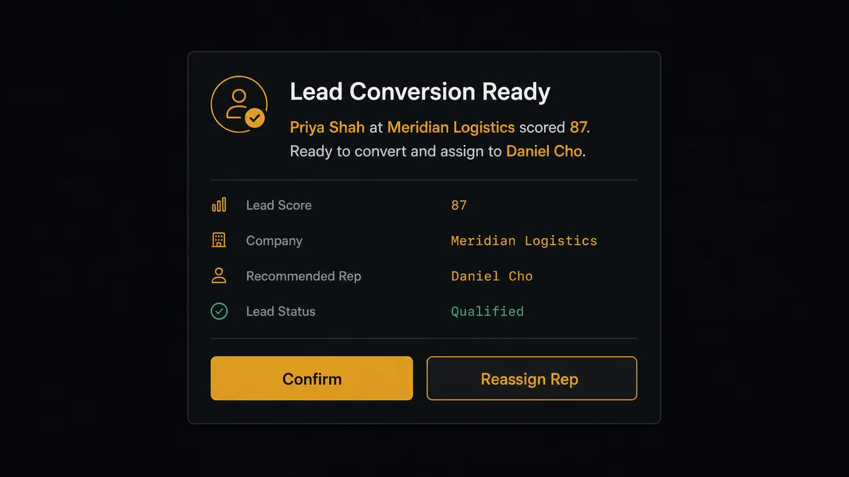 A Slack-style approval card on a dark background reads "Lead Conversion Ready: Priya Shah at Meridian Logistics scored 87