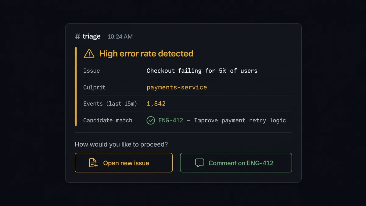 A dark Slack-style triage channel message showing an alert card: issue title, culprit, event count, and a link to a candidate matching ticket "ENG-412," with two response buttons labeled "Open new issue" and "Comment on ENG-412