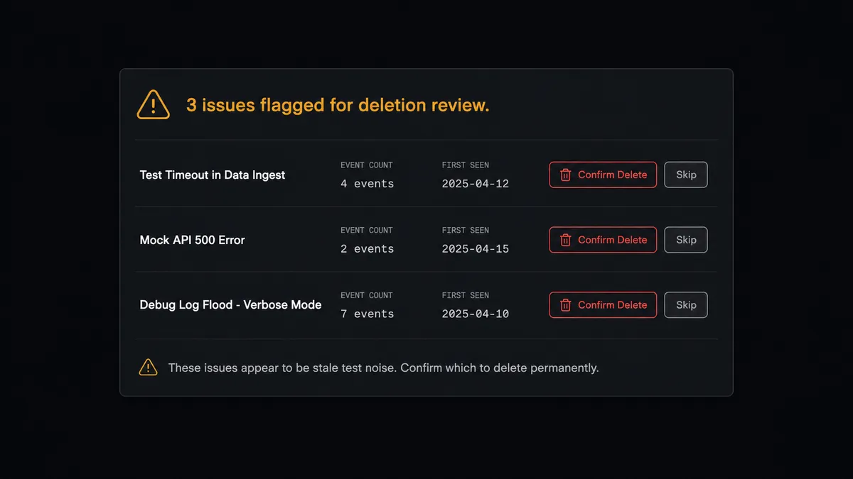 Dark Slack message card on a #0C0E12 background showing a deletion confirmation request