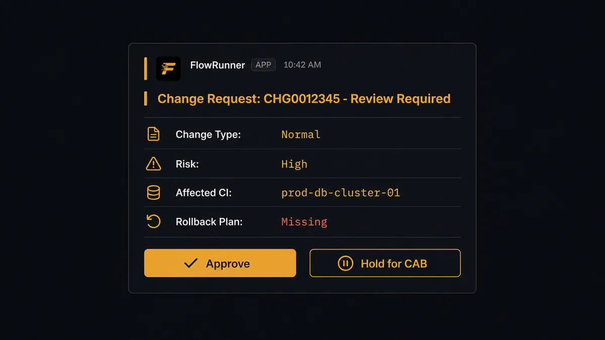 A dark Slack message card showing a change advisory notification from FlowRunner