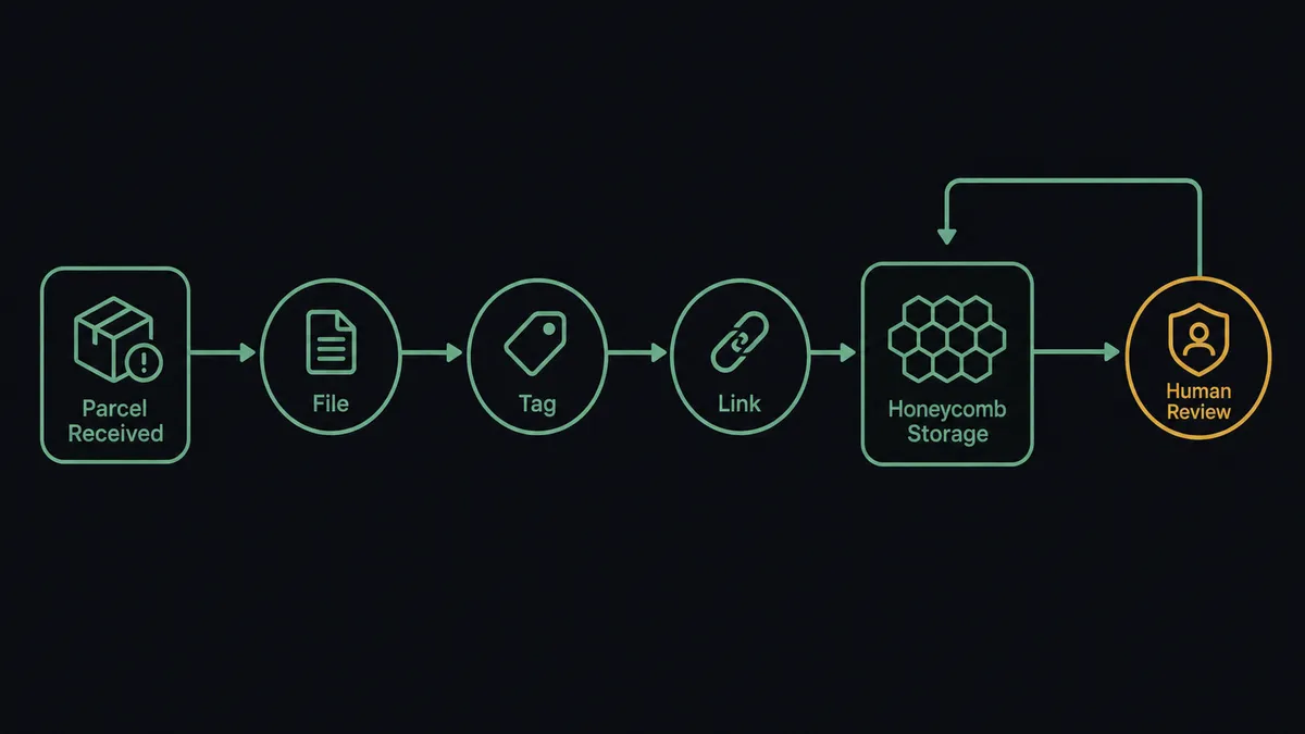 A dark horizontal flow diagram on a #0C0E12 field showing a parcel trigger node with a warning glyph feeding sage-green nodes labeled File, Tag, and Link into a honeycomb storage grid