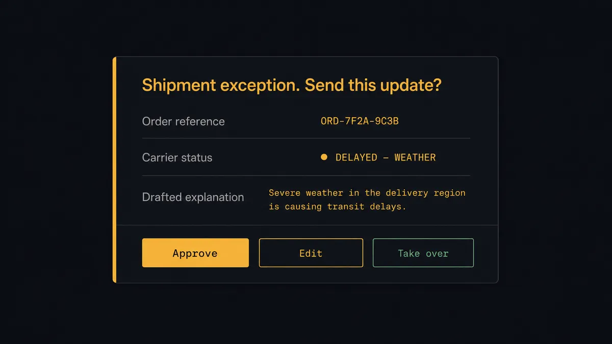 A dark approval card on a #0C0E12 field, styled like a chat message with an amber left border