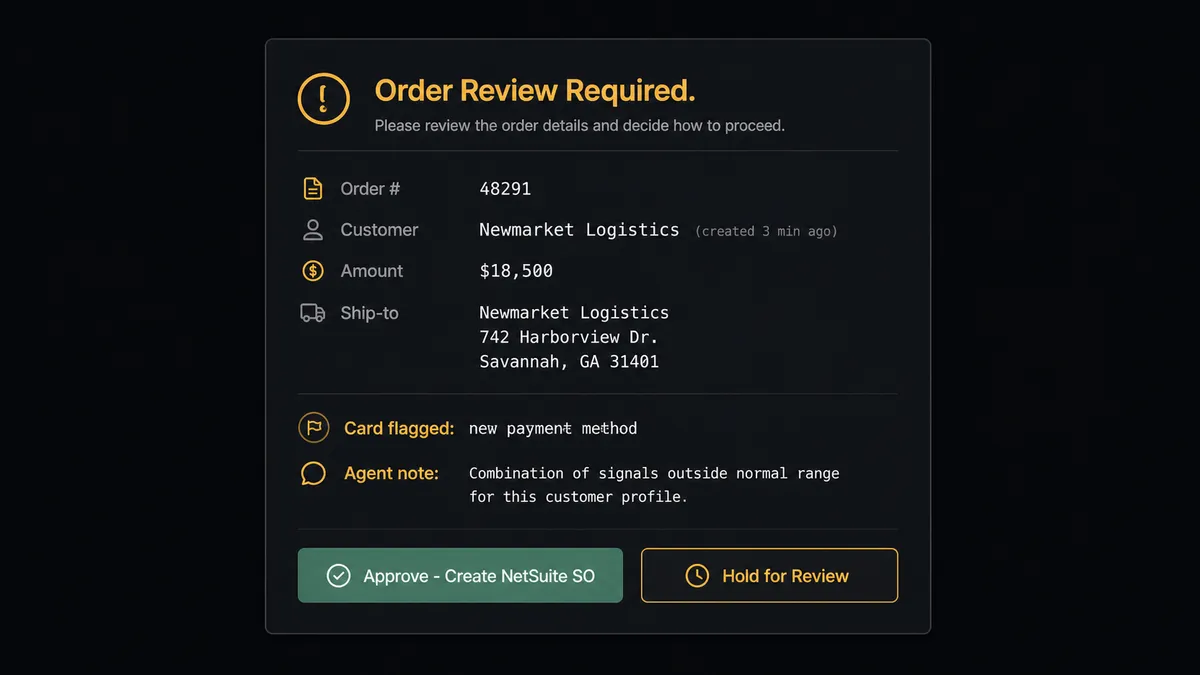 Dark UI composition showing a Slack-style approval card on #0C0E12