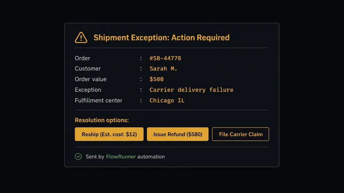 Dark Slack message card on #0C0E12 showing a FlowRunner exception alert
