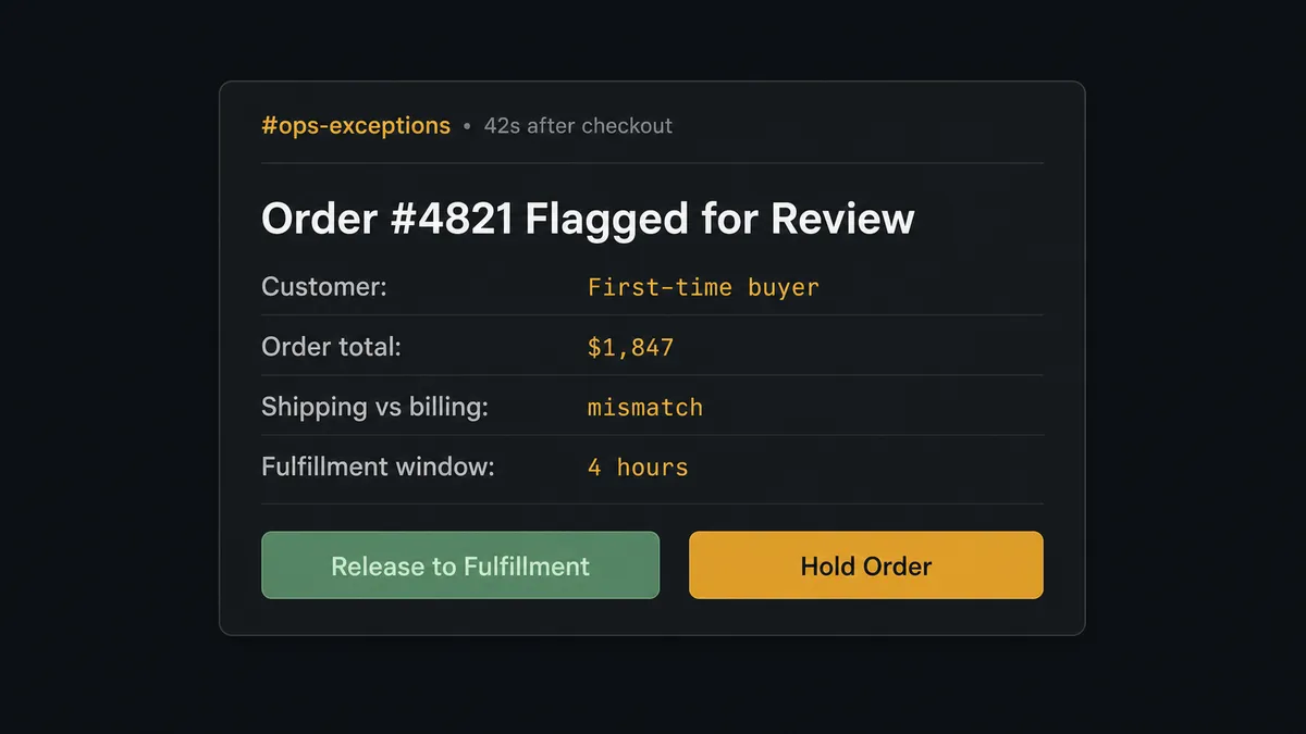 Dark Slack message card in a channel called #ops-exceptions