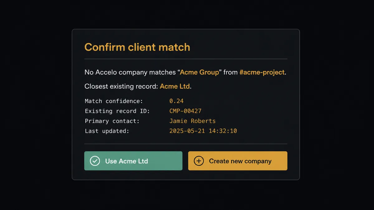 A dark Slack-style approval card on a #0C0E12 field titled "Confirm client match"