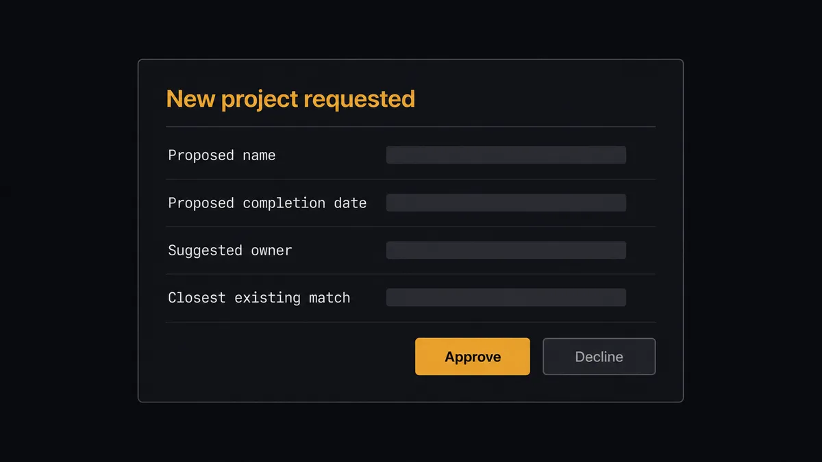 A dark Slack-style approval card on a #0C0E12 field titled "New project requested"