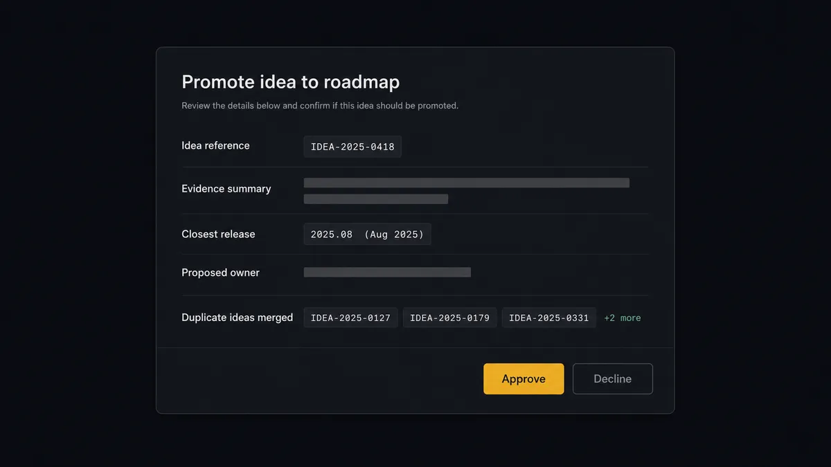 A dark Slack-style approval card on a #0C0E12 field titled "Promote idea to roadmap"