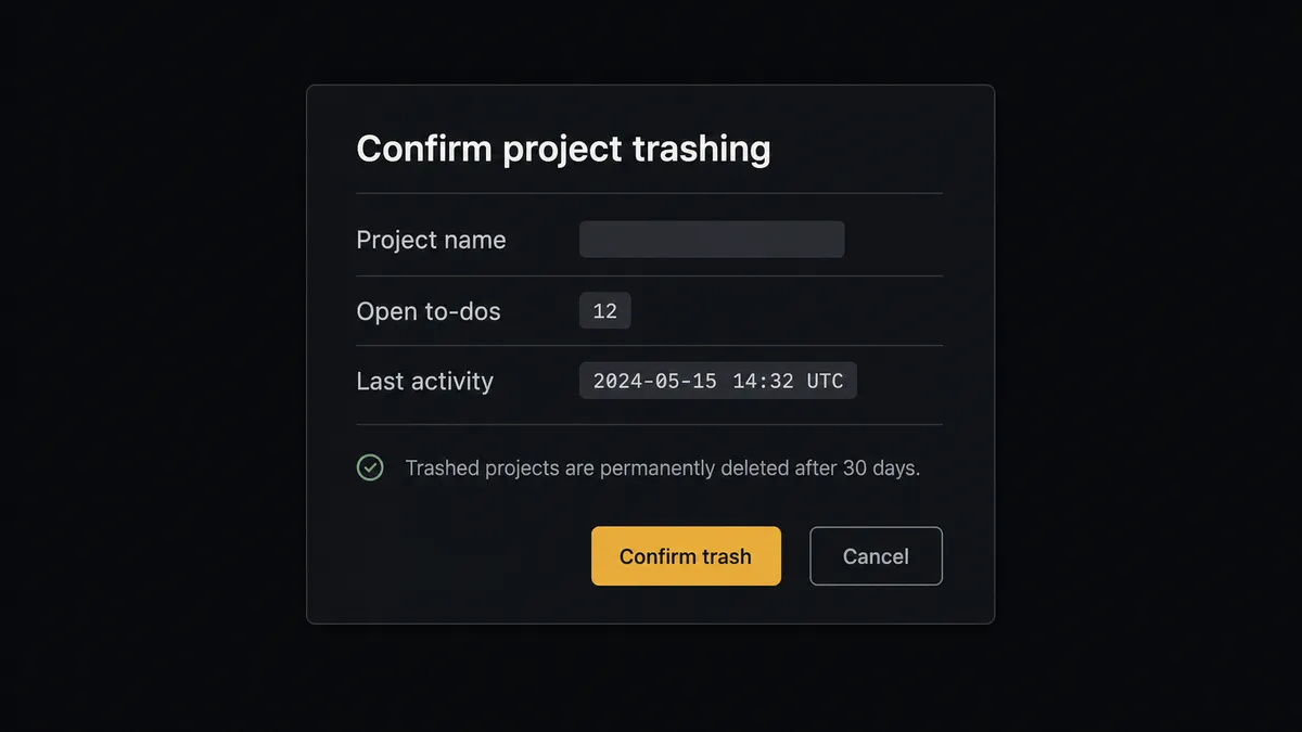 A dark Slack-style approval card on a #0C0E12 field titled "Confirm project trashing"