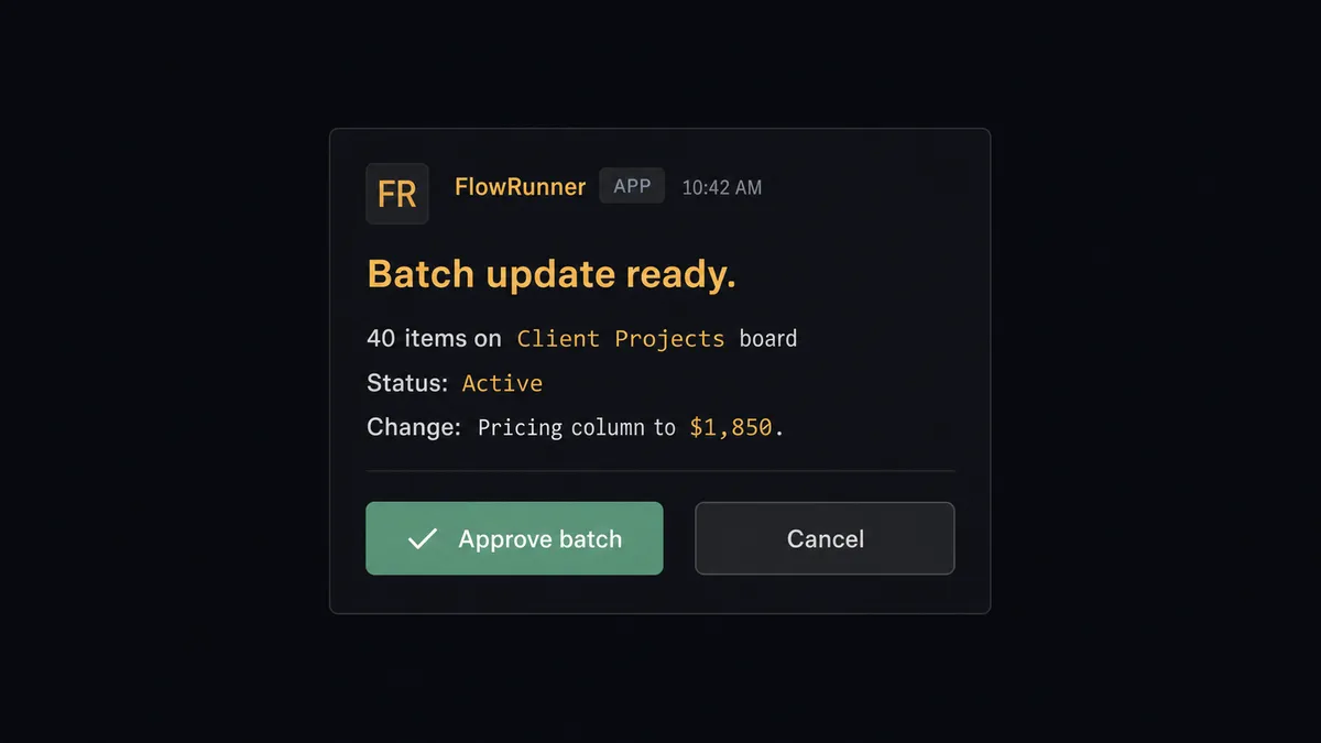 A dark Slack message card from FlowRunner
