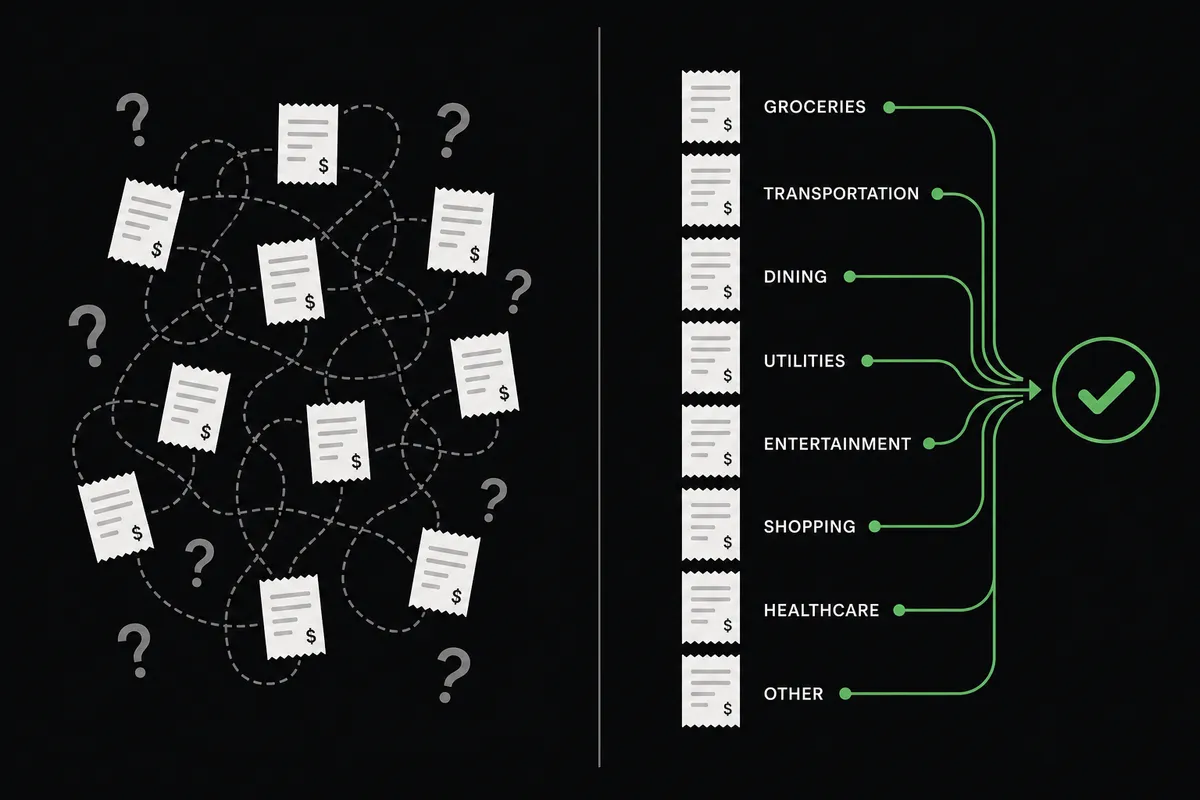 A split composition on a dark background: the left half shows a tangled cluster of disconnected receipt icons and question marks, the right half shows the same receipts organized into a clean labeled column feeding into a single checkmark, divided by a thin vertical line down the center