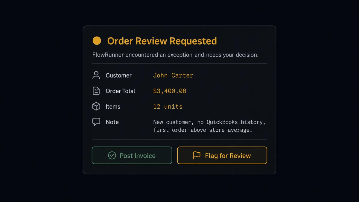 A dark Slack-style message card showing a FlowRunner exception notification