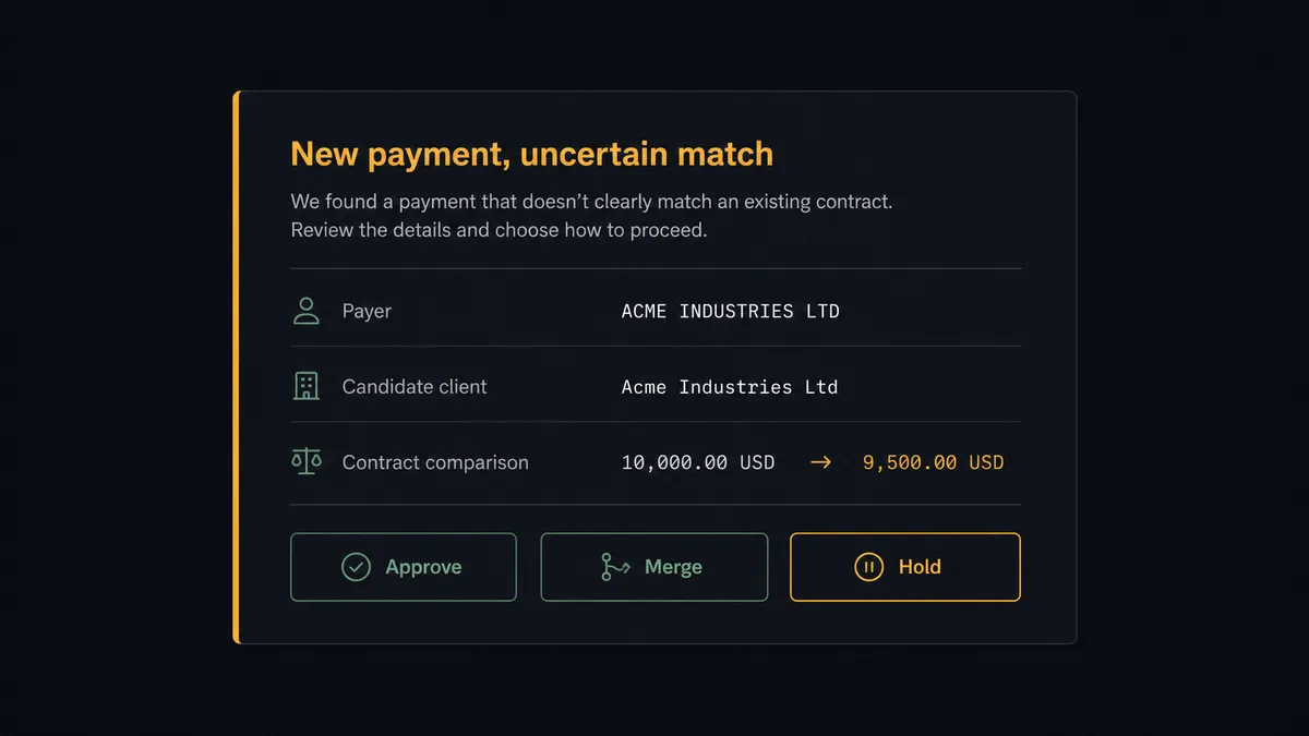 A dark Slack-style approval card on a #0C0E12 field titled "New payment, uncertain match"