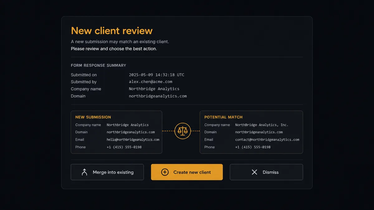 A dark Slack-style approval card on a #0C0E12 field titled "New client review"