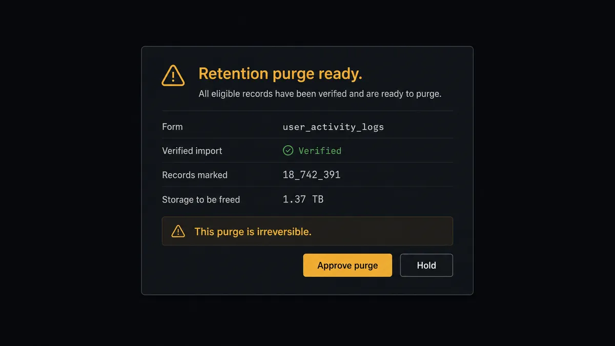 A dark Slack-style approval card on a #0C0E12 field, titled "Retention purge ready