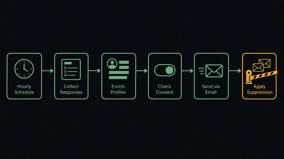 A dark horizontal flow diagram on a #0C0E12 field with six nodes left to right: a clock for the hourly schedule, a form card with answer lines, a profile card of stacked attribute bars, a consent toggle node, a single envelope leaving a channel, and a fan of envelopes behind a lowered amber gate arm