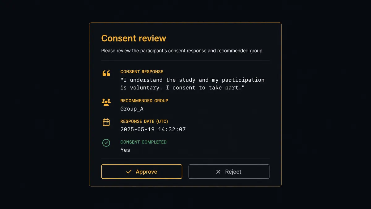 A dark approval card on a #0C0E12 field titled "Consent review", showing a quoted free-text consent answer, a recommended group line, and Approve and Reject buttons, with the card border and Approve button in amber