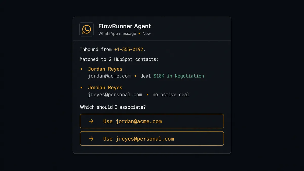 Dark UI card styled as a WhatsApp message notification