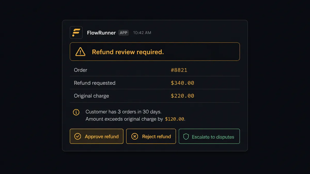 Dark Slack message card from FlowRunner