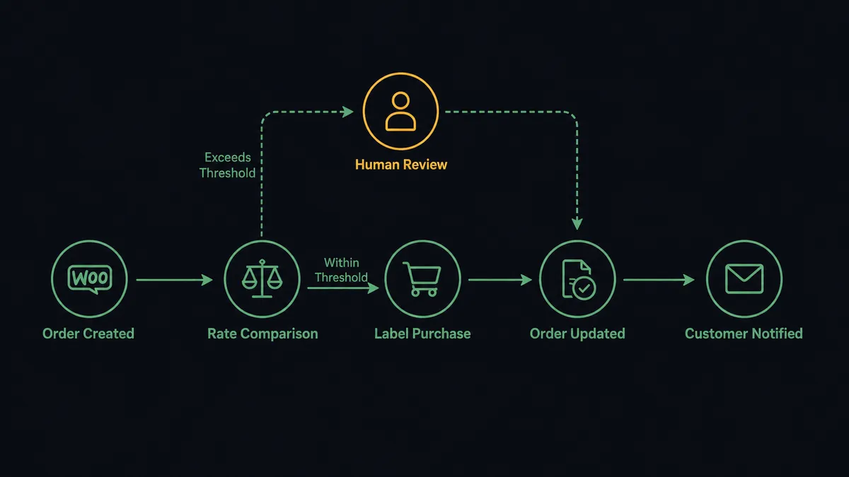 A dark timeline diagram showing a WooCommerce order entering on the left, passing through five sequential steps labeled "Order Created," "Rate Comparison," "Label Purchase," "Order Updated," and "Customer Notified," with a branch at step two routing upward to an amber "Human Review" node when cost exceeds threshold