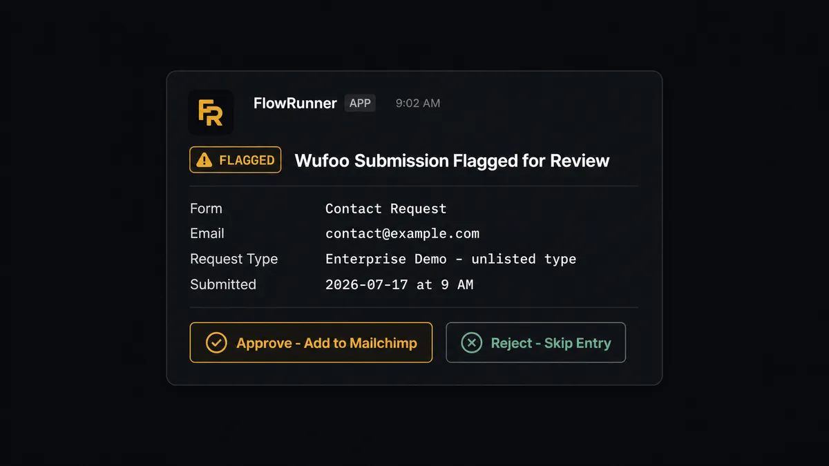 Dark Slack message card showing a human-in-loop alert from FlowRunner