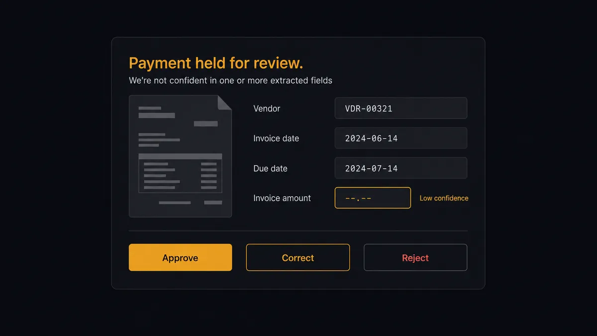 A dark Slack-style approval card on a #0C0E12 background titled "Payment held for review