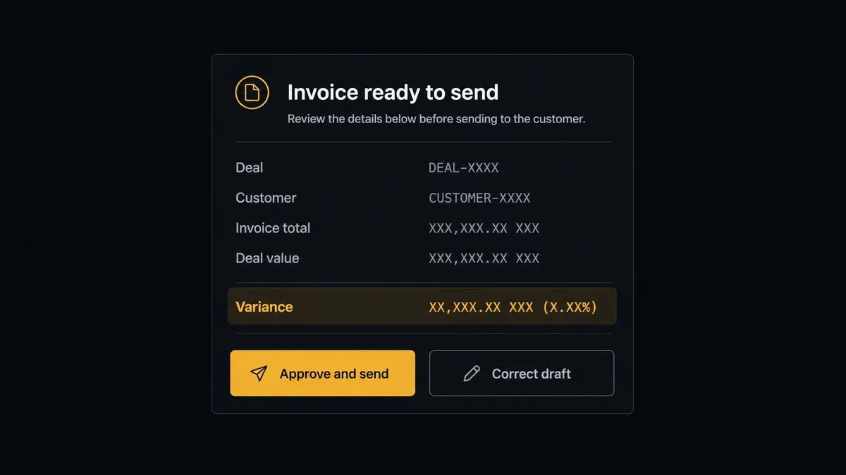 A dark Slack-style approval card on a #0C0E12 field titled "Invoice ready to send"