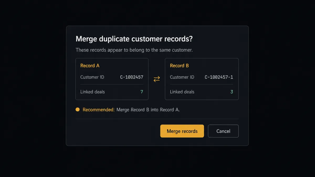 A dark Slack-style approval card on a #0C0E12 field titled "Merge duplicate customer records?" showing two small record silhouettes side by side with their linked deal counts, a short recommendation line, and two buttons, the approve button rendered in amber as the single human decision point