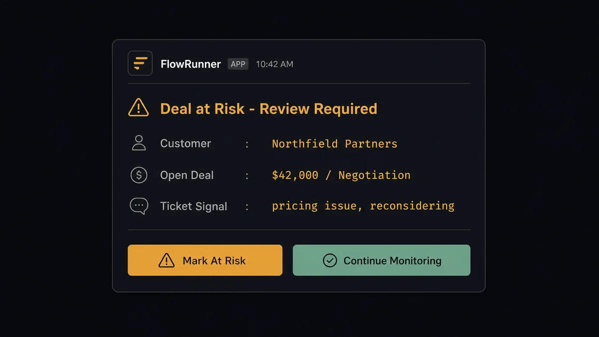 A dark Slack message card from FlowRunner