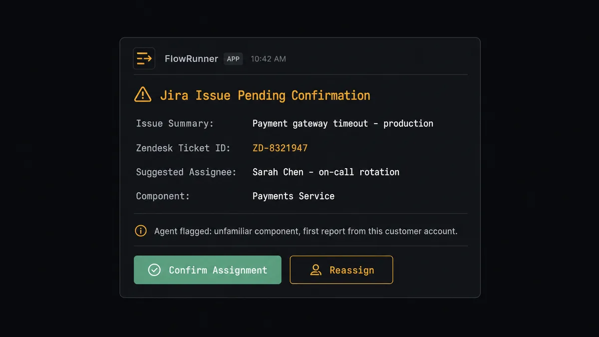 Dark Slack message card from FlowRunner showing a P1 issue escalation