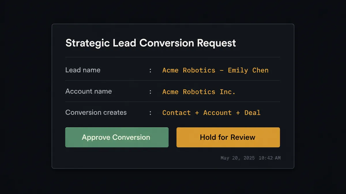 A dark Slack-style approval card on a dark background
